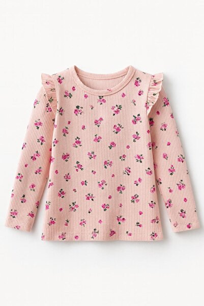 Tuar Store Breeze Kız Çocuk Uzun Kollu Tişört Çiçekli Omzu Fırfırlı Pembe
