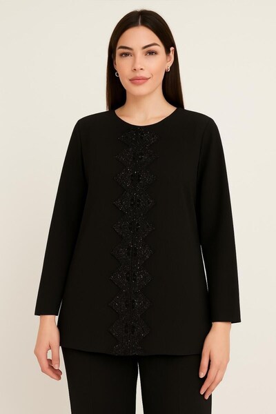 Seamoda Plus Size Glitter Lace Accessory Evening Dress Knitted Jacket-Black