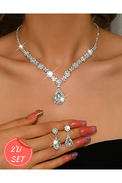 Parspera Gümüş Kaplama Kristal Taşlı Örgü Çiçek Model Takı Seti - Düğün Nişan...