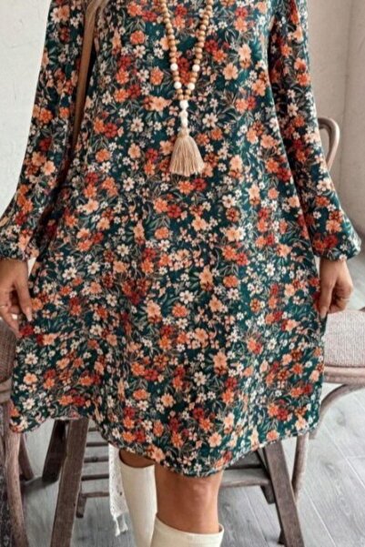 Mossta Φόρεμα με λαιμόκοψη σε σχήμα V με μακρύ μανίκι, άνετο κοντό φόρεμα με σχέδιο - με σχέδιο