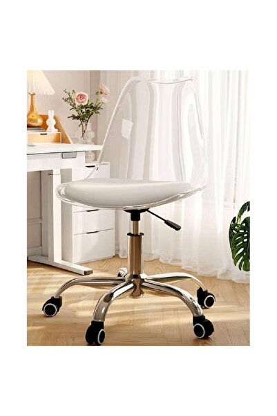 NKX Computer Chair Transparent Backrest White Seat Leather + Thick Steel Legs