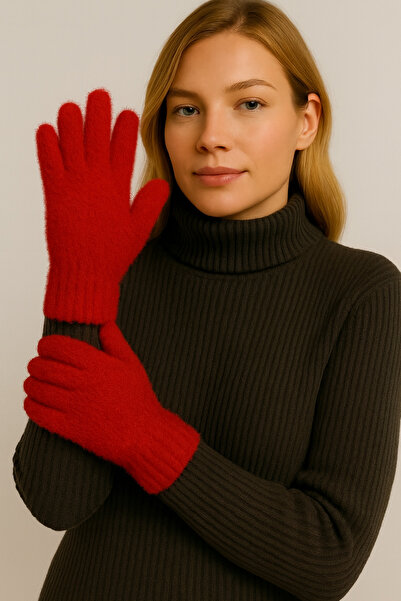 ZERAMİNE Plush Long Finger Women Gloves Red