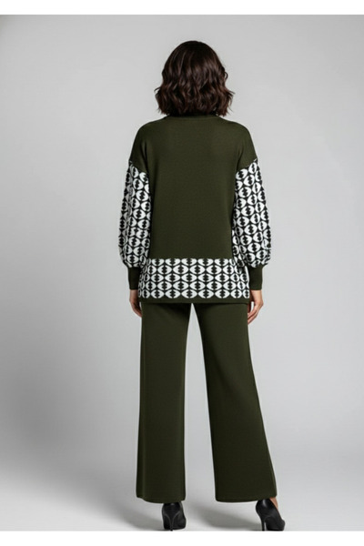 YusGos Women's Geometric Patterned Bottom Top Pants Sweater Knitwear Set