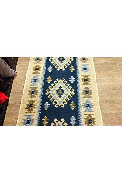 OEM Traditional woven jute rug, reversible, 60x180 cm, blue and cream, ROMB pattern