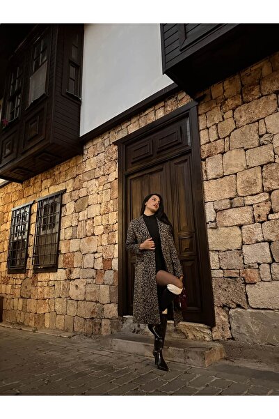 Kyra Studios 589 Muadil Yün Karışımı Kaşe Leopar Kaban