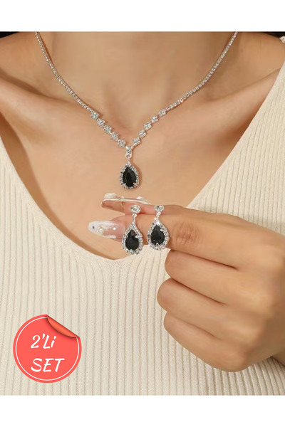 Parspera Gümüş Kaplama Su Yolu Zirkon Taşlı Kolye Küpe Seti Gelin Takı Seti N...