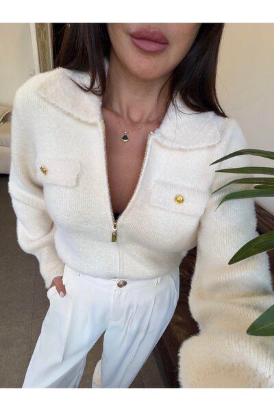 NEWCO Rita Gold Detail Polo Neck Soft Textured Angora Cardigan Stone