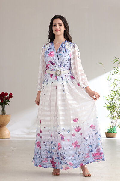 Verona Trading Company Striped chiffon maxi dress with a delicate floral print and embellished belt – elegant design with sheer sleeves and a wrap-style bodice