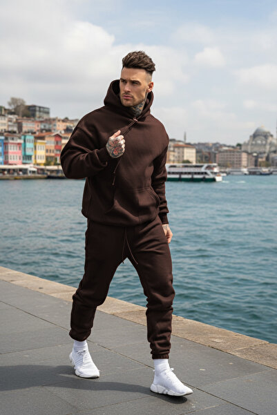 YAKAMEL Men's Hooded Waist High Winter Fleece-Lined Baggy Wide Cut Tracksuit Set