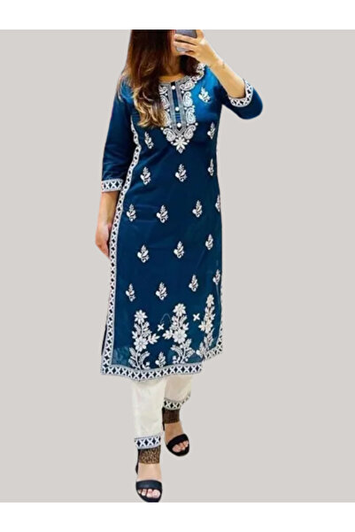 MYSMAR Blue Rayon Cotton Kameez Salwar & Dupatta - PMM19250 | Blue