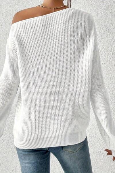 Mossta Off-Shoulder Boat Neck Knit Sweater Blouse - White