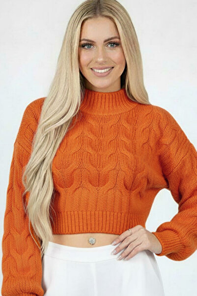 Millionaire Women's Orange Thick Hair Knit Half Turtleneck Crop Knitwear Sweater