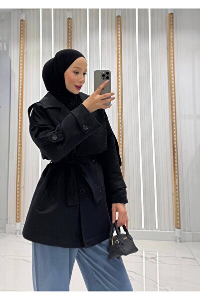 QUMRU Kadın Kuşaklı Süet Kısa Siyah Trençkot