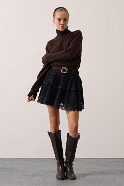 cemo Layered Denim Mini Skirt with Belt and Lace Detail