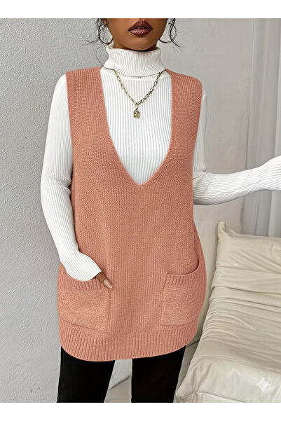 MaxiMor Women's Deep V-Neck Pocketed Knitwear Sweater Vest Pullover Loose Fit Smlxl Size Compatible Length 85 cm