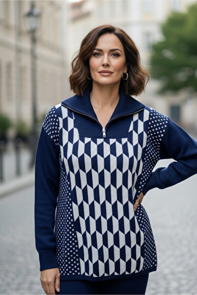 YusGos Women's Geometric Pattern Zipper Collar Bottom Top Pants Sweater Knitwear Set