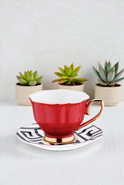 ALBETTO Tek Kişilik Porselen Kahve Fincan Takımı Yaldızlı Kırmızı 2622