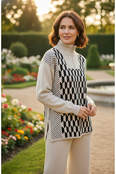 YusGos Women's Geometric Pattern Zipper Collar Bottom Top Pants Sweater Knitwear Set