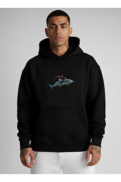 LORVEX Ανδρικό φούτερ Oversize με κουκούλα 100% βαμβάκι με στάμπα SHARK TAMER