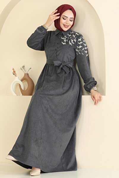 ModaMerve Nakış Detaylı Kadife Elbise 312ASN888-MS Antrasit