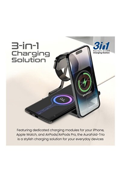 Promate قاعدة شحن AuraFold-Trio 3 في 1 قابلة للطي ومتوافقة مع MagSafe (أسود)