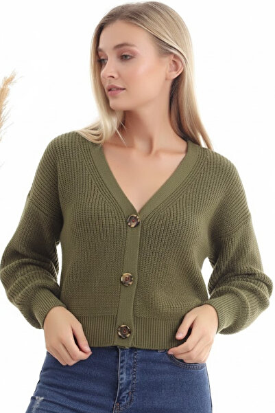 Devinka Women's Khaki 3 Button V-Neck Cardigan