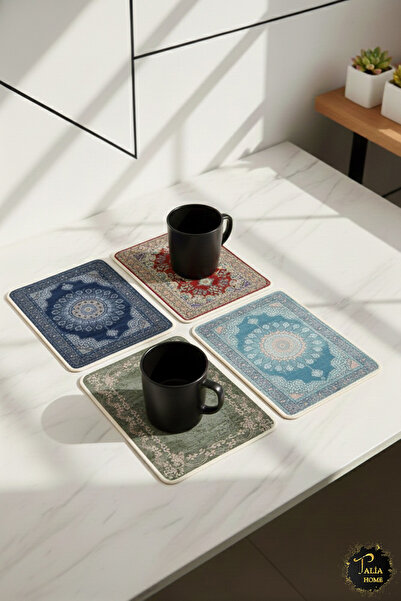 Talia Home Ethnic Authentic Patterned Multi-Purpose Mini Carpet Mousepad - Coaster - Teapot Coaster 4 Pcs