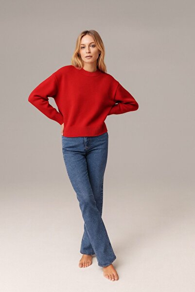 YUGA KNİTTİNG Oversize Fit Soft Textured Circular Neck Basic Knitwear Women's Sweater