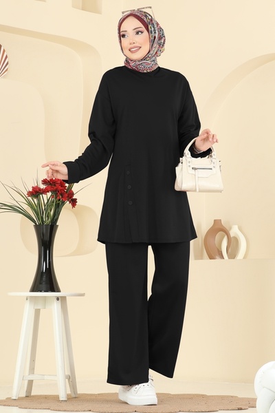 ModaMerve Yırtmacı Aksesuar Düğmeli Takım PL9181-MS Siyah