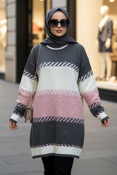 N.S NEVA STYLE Πλεκτό πουλόβερ ροζ χρώματος μπλοκ 8804P