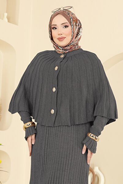 ModaMerve Pelerin Detaylı Elbiseli Takım 4478BRZ597-MS Antrasit
