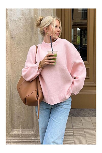 LC Waikiki Pulover tricotat roz guler rotund supradimensionat Mg1969