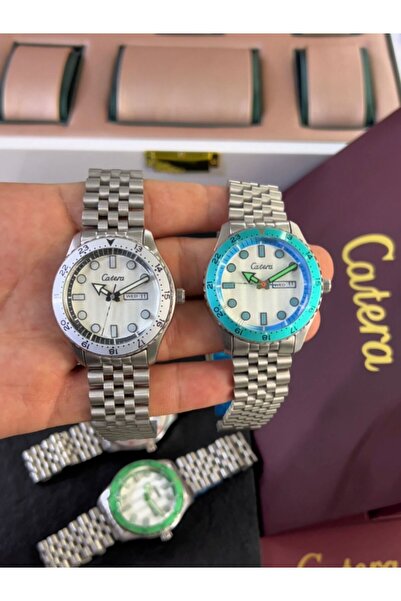 catera Limited-time offer: Men's watches with a silver stainless steel strap, white and silver bezel, and a sky-blue bezel.