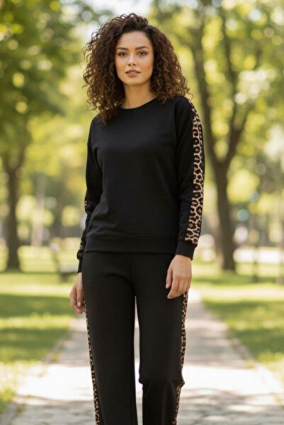 trendalisse Crew Neck Leopard Paneled Flexible Pocket Modal Suit