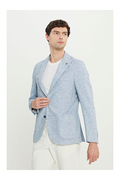 LC Waikiki Men's Blue Linen Slim Fit Slim Fit Swallow Collar Herringbone Patt...