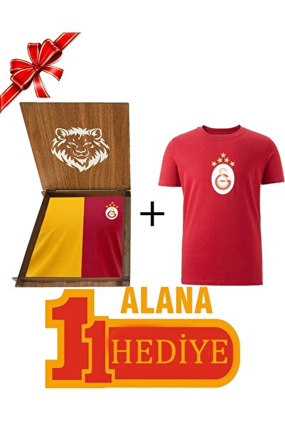 Galatasaray Orijinal Parçalı Sarı Kırmızı T-Shirt 5 Yıldız Kırmızı T-Shirt Ahşap Kutu Hediyeli