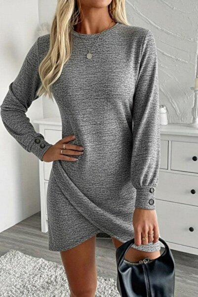 Mossta Long Sleeve Buttoned Cuffed Balloon Sleeve Mini Soft Dress - Gray