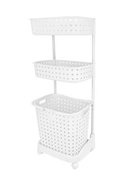 BLOOMING TIME سلة غسيل بثلاث طبقات مع عجلات باللون الأبيض
