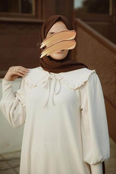 H HİJAB CENTER Ecru Peter Pan collar Piece Dress Nsr 5106