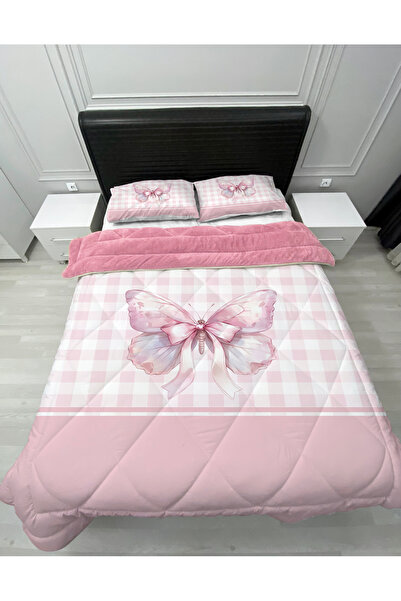yok yok evim eve dair her şey Welsoft Fluffy Double-Sided Stylish Ribbon Bow Butterfly Patterned Double Quilt Sleeping Set