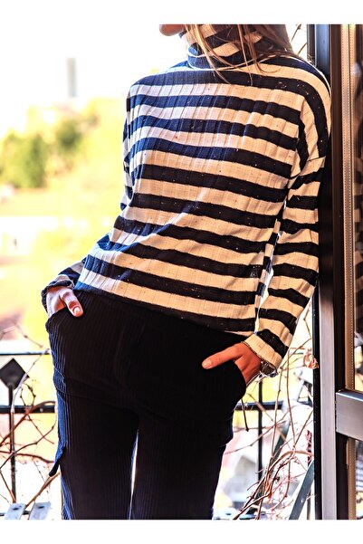 Pasaklı Giyim Women's Navy Blue Ecru Striped Long Sleeve Corded Fabric Grayish Thin Knitwear Blouse 700-2748121