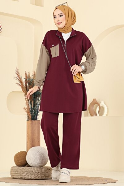 ModaMerve Göğüs Cepli İki İp Takım PL9180-MS Bordo