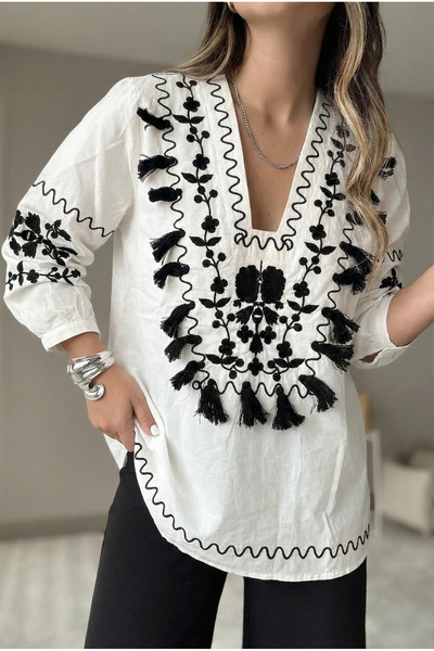 FEMELLE Women's White V-Neck Tassel Embroidered Authentic Blouse
