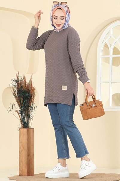 ModaMerve Bisiklet Yaka Bürümcük Tunik 185BO429-MS Koyu Vizyon