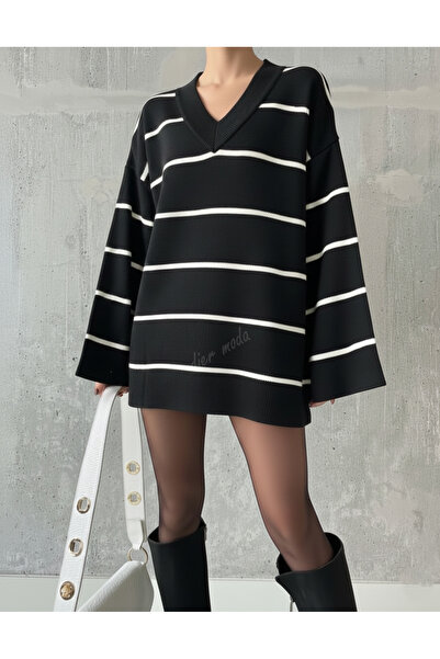 Dier Moda Women's Black Oversized Striped V-Neck Knitwear Sweater Daily Comfortable Stylish Oversized Knitwear Sweater Fmoda1666