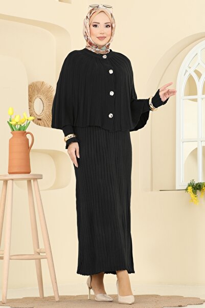 ModaMerve Pelerin Detaylı Elbiseli Takım 4478BRZ597-MS Siyah