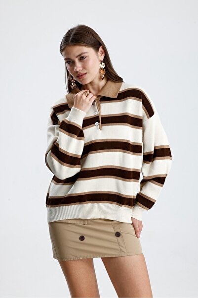 cemo Çizgili Polo Yaka Oversize Triko Kazak