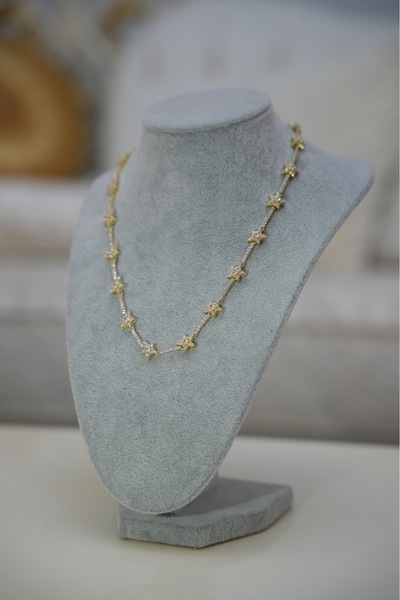 Çelik 14k 316L Zirkon Taşlı Sıralı Yıldızlı Kolye Kadın Genç Kız