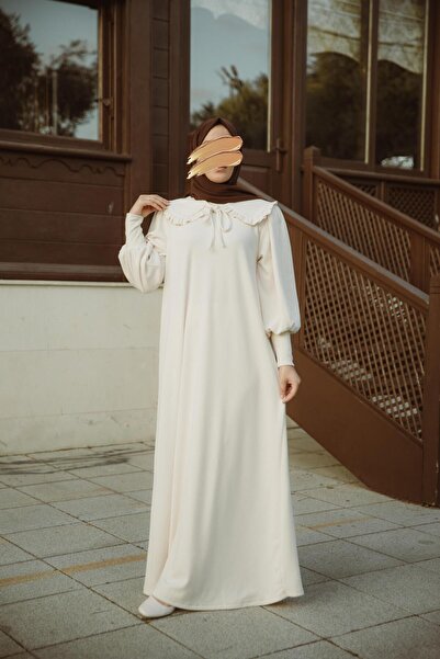 H HİJAB CENTER Ecru Peter Pan collar Piece Dress Nsr 5106