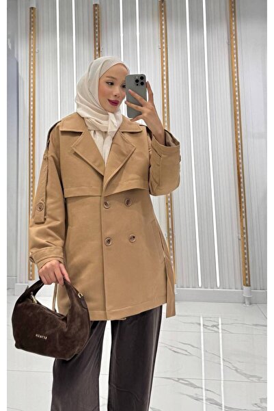 QUMRU Kadın Kuşaklı Süet Kısa Vizon Trençkot